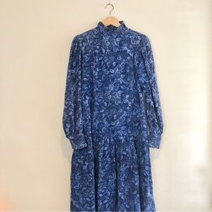 Laura Ashley Blue Corduroy Floral Button Dress, 14